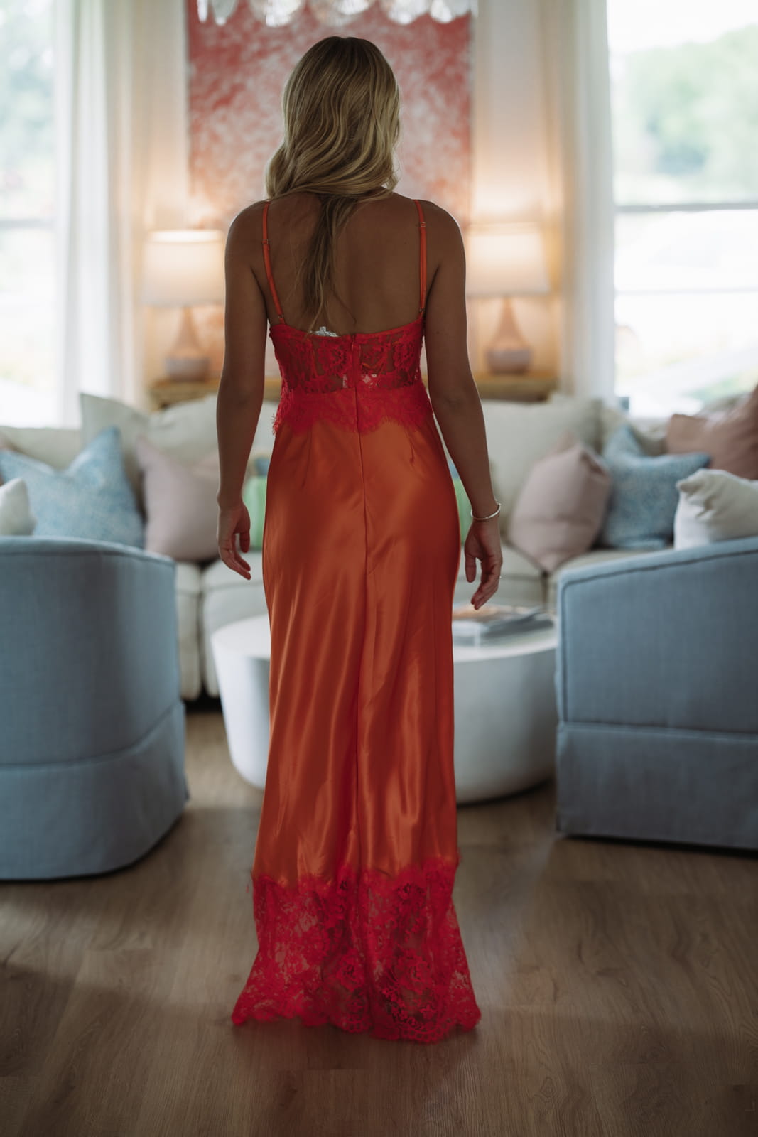 A Satin Sunset Maxi Dress - Orange and Coral Pink