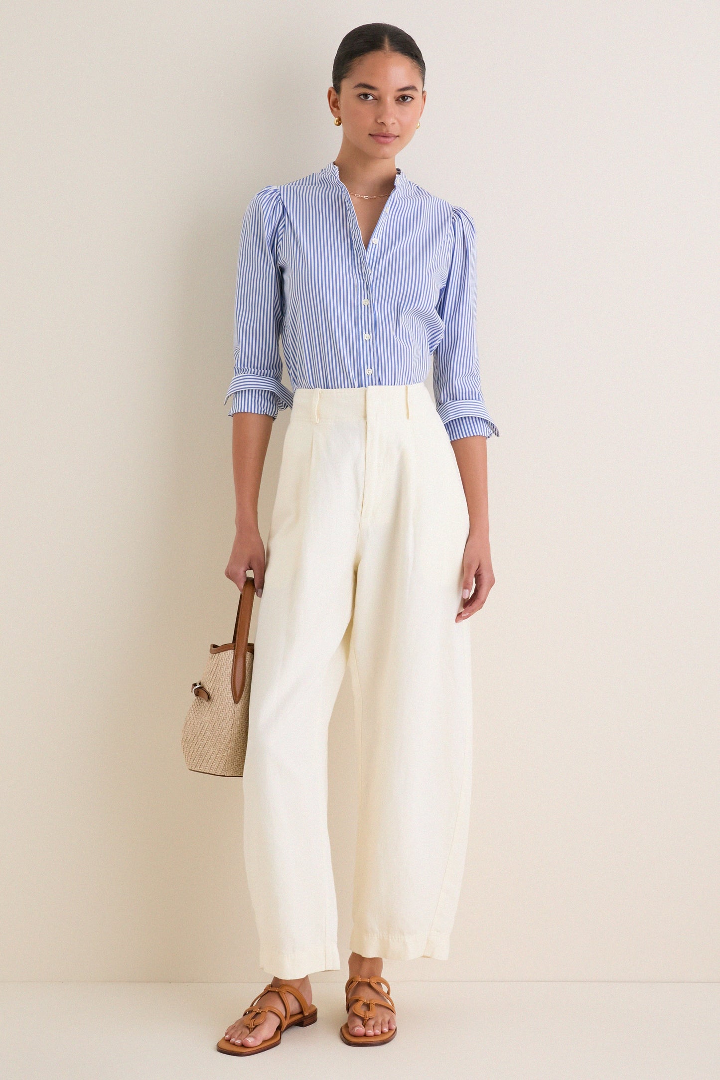 Blue and White Stripe Puffed Shoulder Shirt