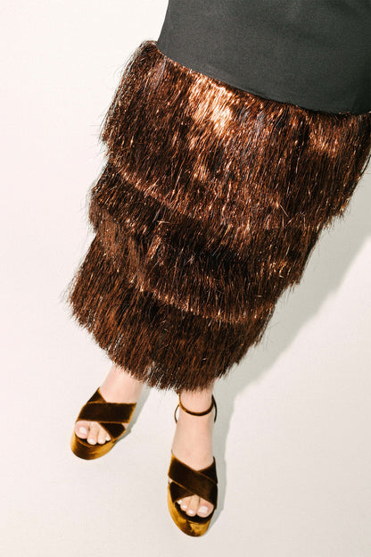 Black & Bronze Metallic Fringe Francie Short Sleeve Maxi Dress