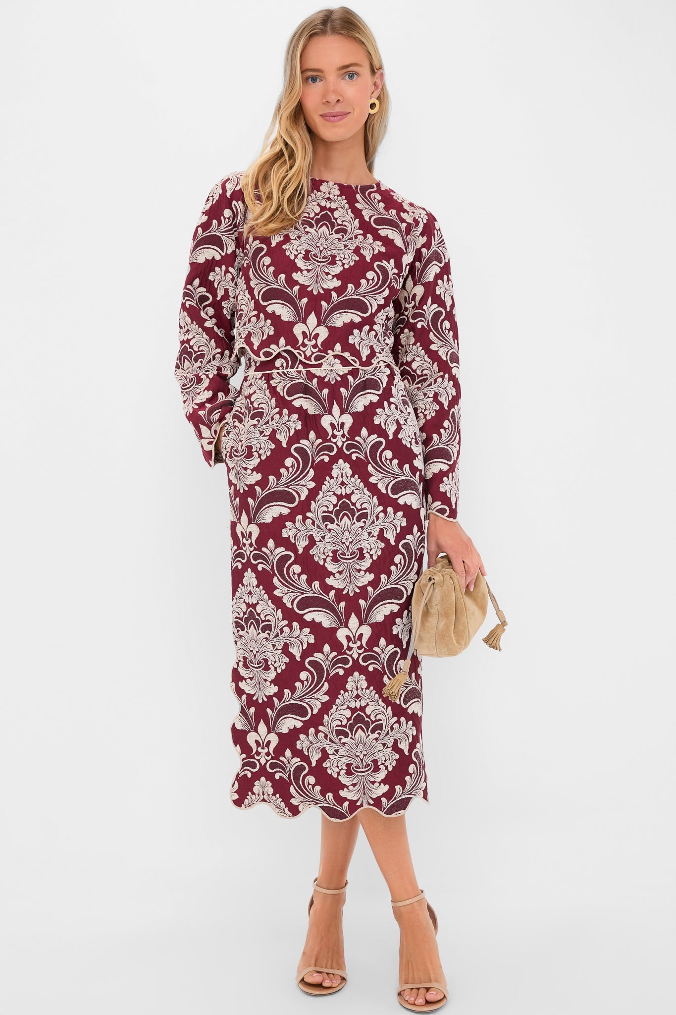 Blush Pink and Burgundy Bicolor Jacquard Waves Long Sleeve Top