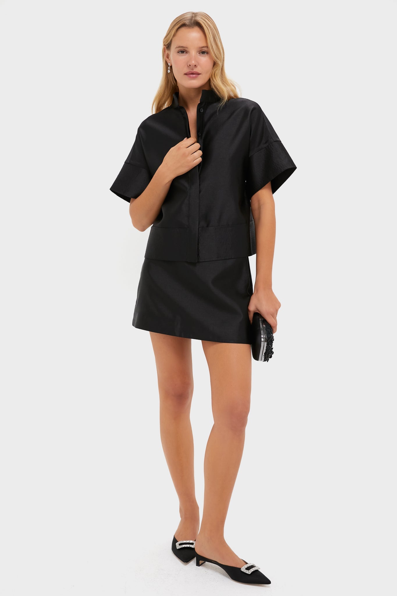 Black Dupioni Trapunto Stitch Sofia Shirt
