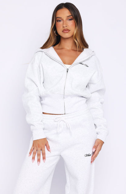 Wishing For It Cropped Cinched Zip Front Hoodie Grey Marle